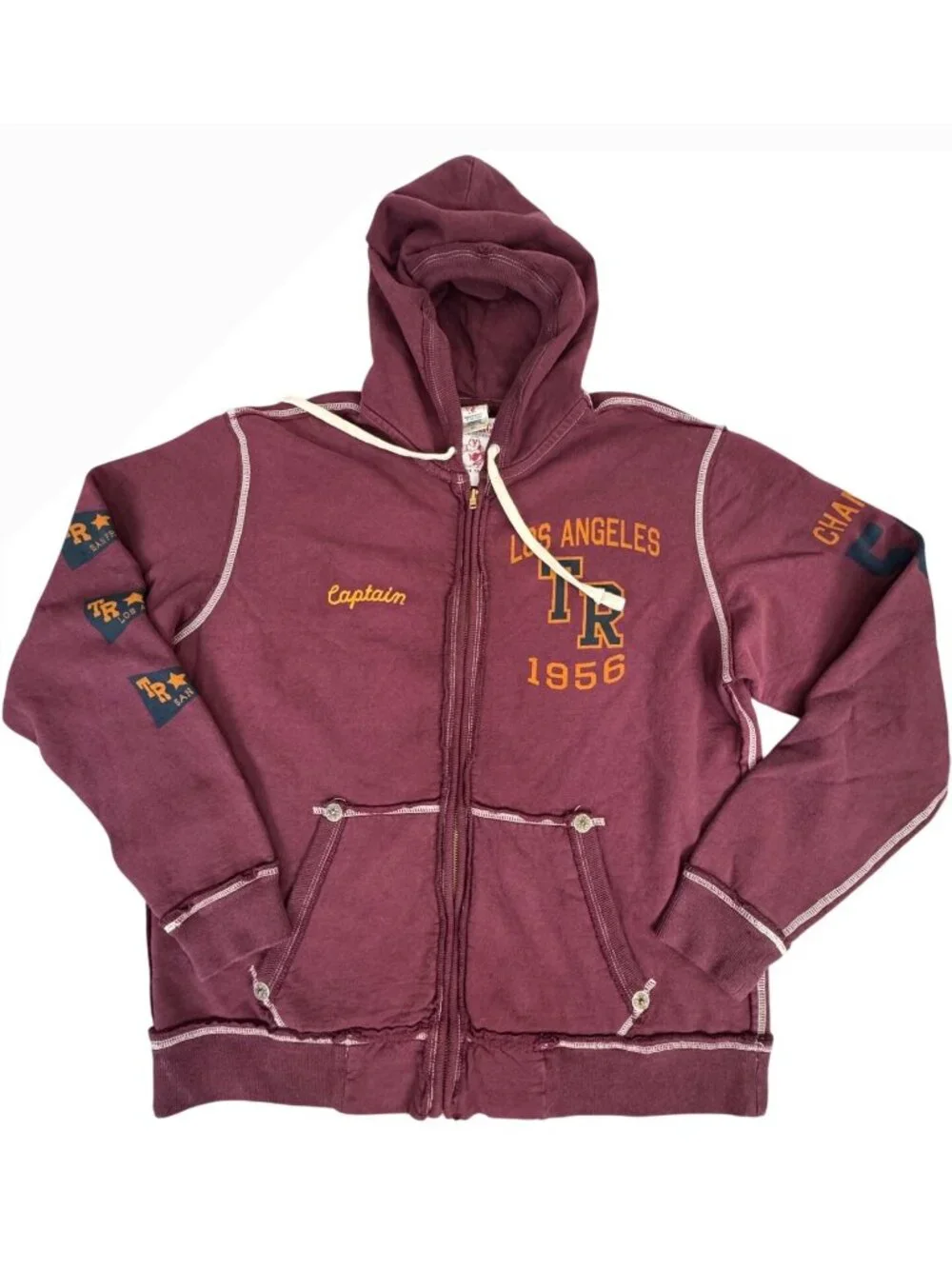True Religion Maroon Hoodie Jacket Mens XXL Los Angeles 1956 Captains Retro